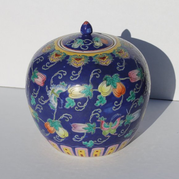 Cobalt Blue Ginger Jar, Melons & Butterflies, Mid 20th C, Excellent Condition! - Picture 6 of 7